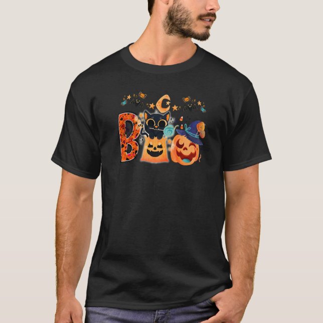 Camiseta Boo Black Cat Halloween Pumpkin Witch Hat Kittens (Frente)