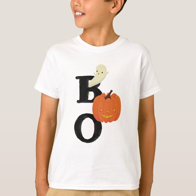 Camiseta BOO bonito, ilustrado com fantasma e abóbora (Frente)