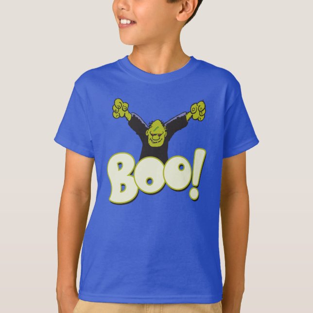 Camiseta BOO! Cartoon de Halloween do Monstro Frankenstein (Frente)