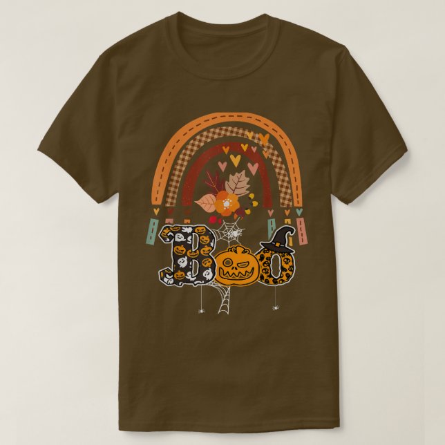 Camiseta Boo com aranhas e arco-íris 2 do Hat Halloween (Frente do Design)