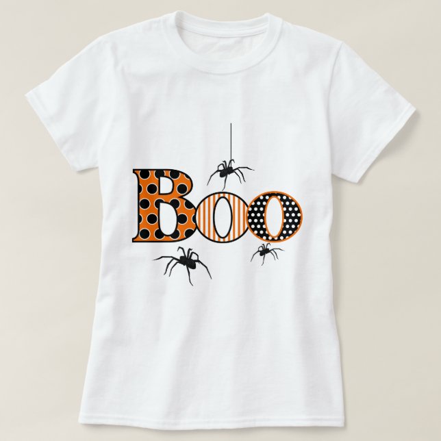 Camiseta BOO com o Halloween das Aranhas (Frente do Design)