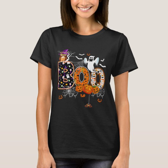 Camiseta Boo Creepy Owl Pumpkin Ghost Halloween Men Women K (Frente)