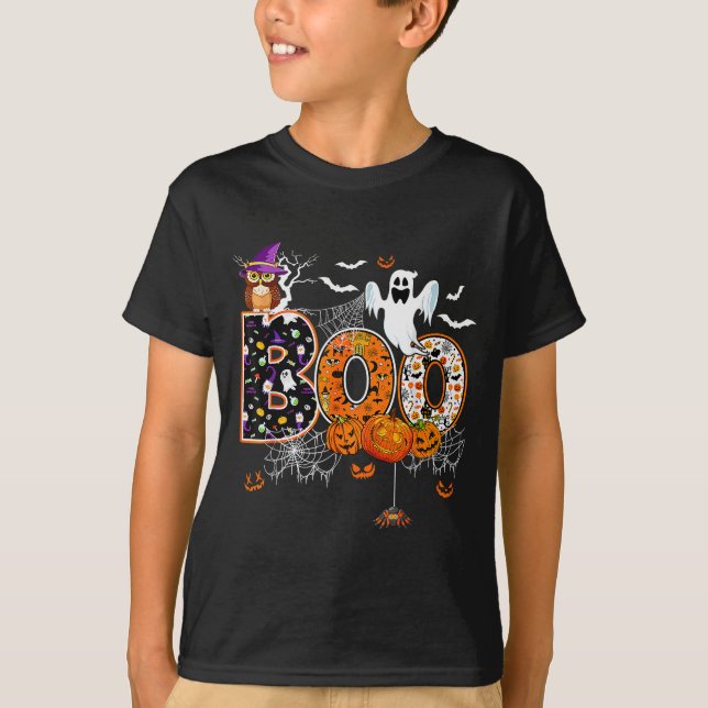 Camiseta Boo Creepy Owl Pumpkin Ghost Halloween Men Women K (Frente)