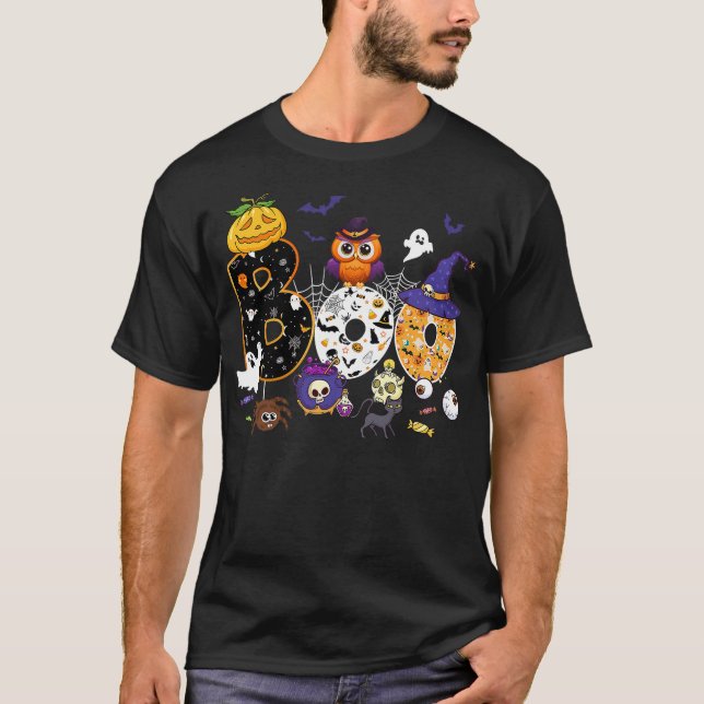 Camiseta Boo Creepy Owl Pumpkin Ghost Halloween Men Women K (Frente)