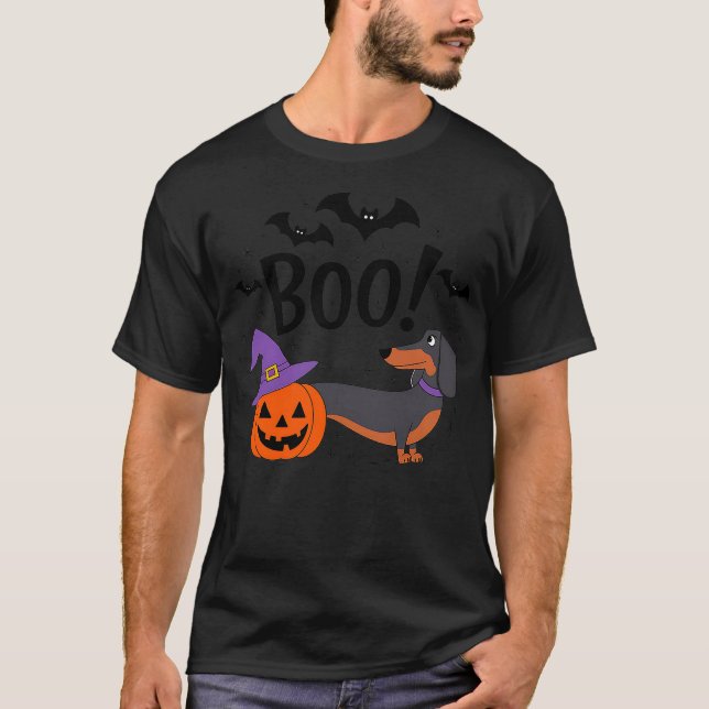 Camiseta Boo! Dachshund Dog Spooky Pumpkin Witch Hat Fun Ha (Frente)