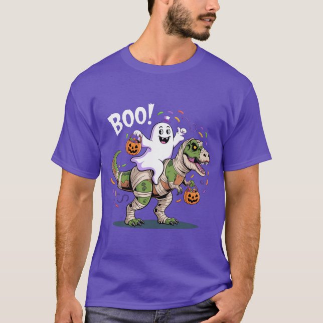Camiseta Boo! Fantasma Bonita Andando Múmia T-Rex Halloween (Frente)