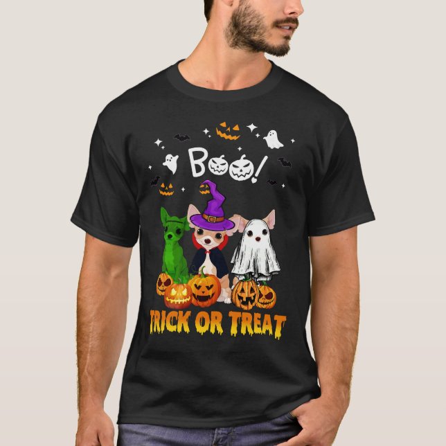 Camiseta Boo Ghost Chihuahua Trick ou Treine Halloween (Frente)