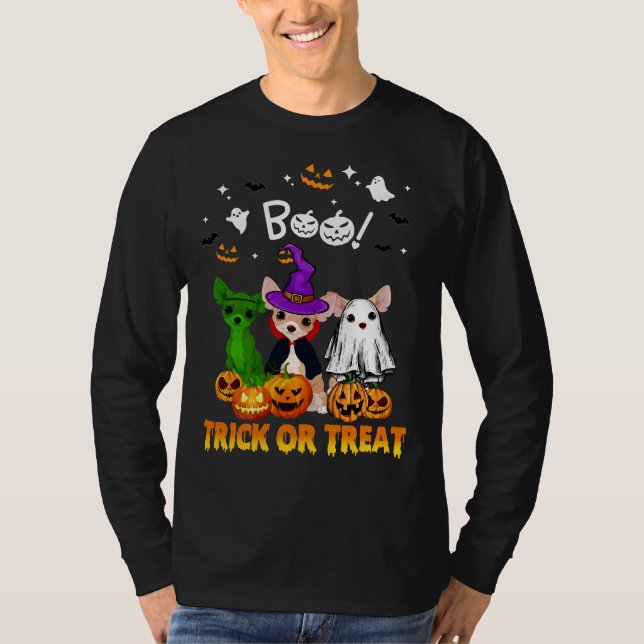 Camiseta Boo Ghost Chihuahua Trick ou Treine Halloween (Frente)