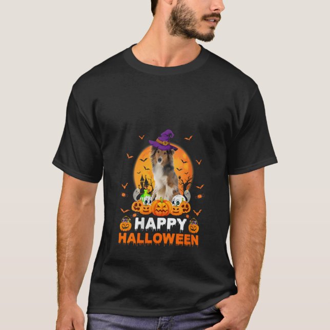 Camiseta Boo Ghost Scary Pumpkin Witch Shetland Sheepdog Ha (Frente)