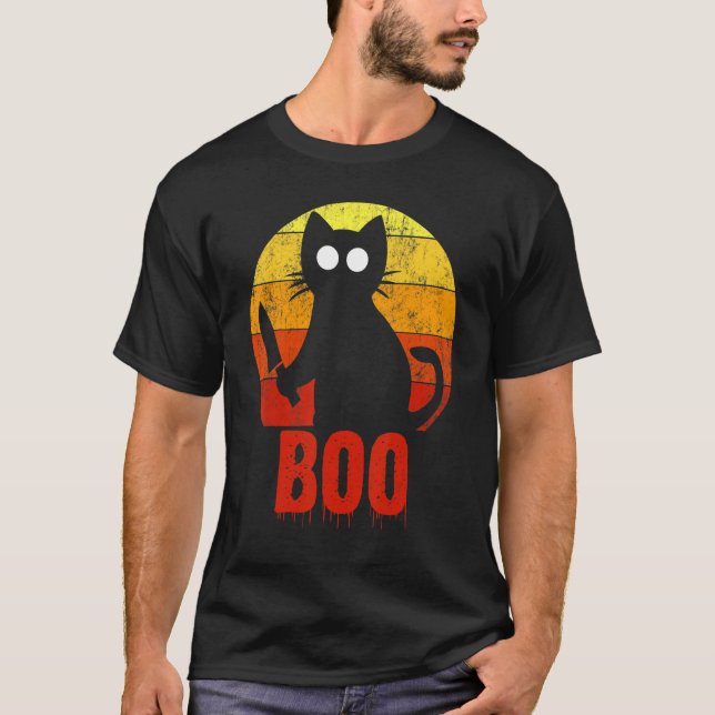 Camiseta Boo Halloween Cat Gory Horror Knife (Frente)