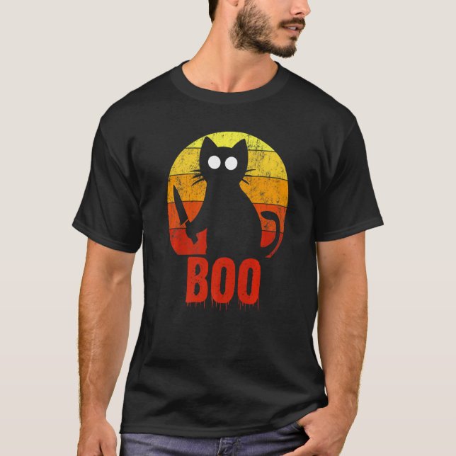 Camiseta Boo Halloween Cat Gory Horror Knife (Frente)