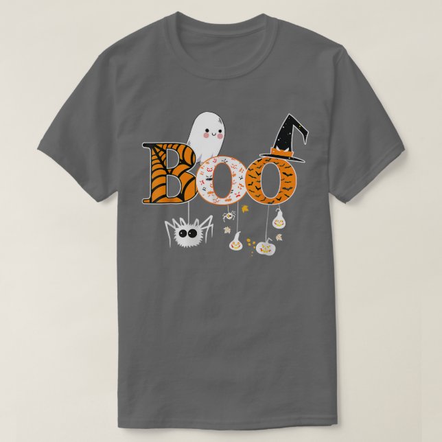 Camiseta Boo Halloween Costume Spiders, Fantasmas, Pumkin e (Frente do Design)