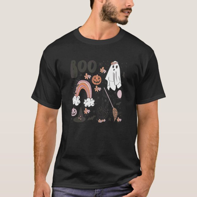 Camiseta Boo Halloween Ghost Pumpkin Witch Hats indo a um t (Frente)
