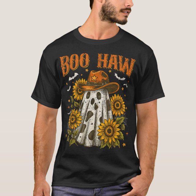 Camiseta Boo Haw Cow Spot Ghost Pattern Western Halloween (Frente)