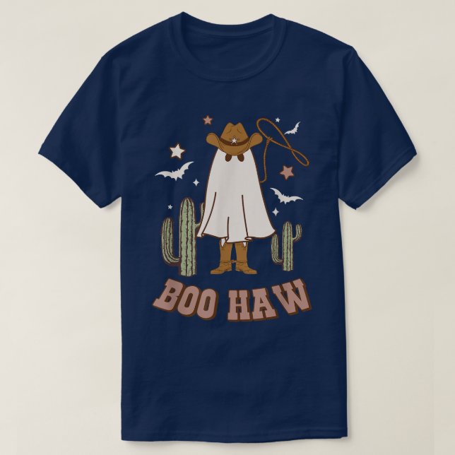 Camiseta Boo Haw Ghost Funny Cowboy Cowgirl Western Hallowe (Frente do Design)