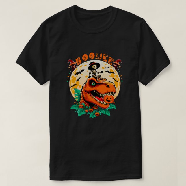 Camiseta Boo-Jee Halloween: T-Rex e Skeleton Fun Design! (Frente do Design)