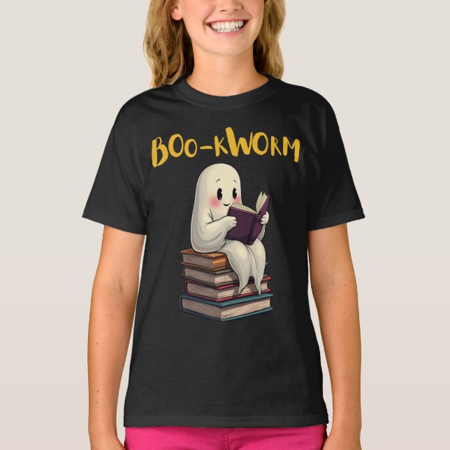 Camiseta Boo-kworm Leia mais livros Ghost Lendo Halloween (Frente)