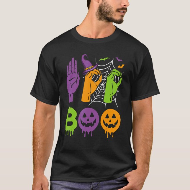 Camiseta Boo Mãos Símbolo Americano Orgulho ASL Hallowe (Frente)