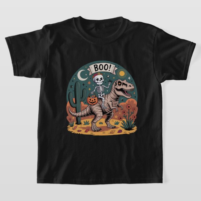 Camiseta Boo! Skeleton Riding Dinossaur with Candy (Postura )