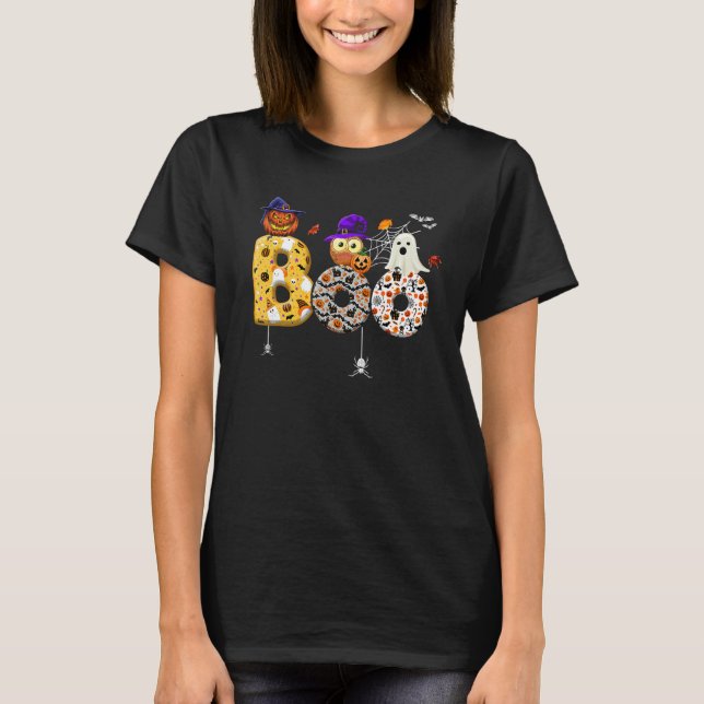 Camiseta Boo With Spiders And Pumpkin Witch Hat Cute Ghost  (Frente)