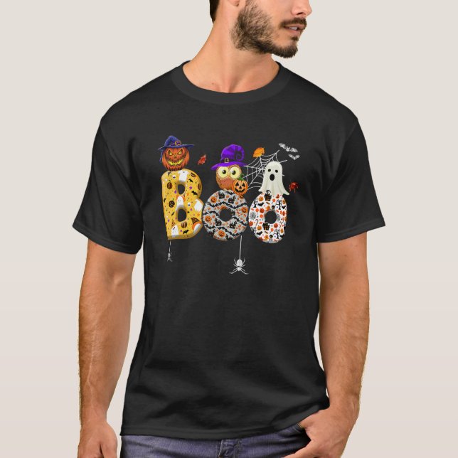 Camiseta Boo With Spiders And Pumpkin Witch Hat Cute Ghost  (Frente)