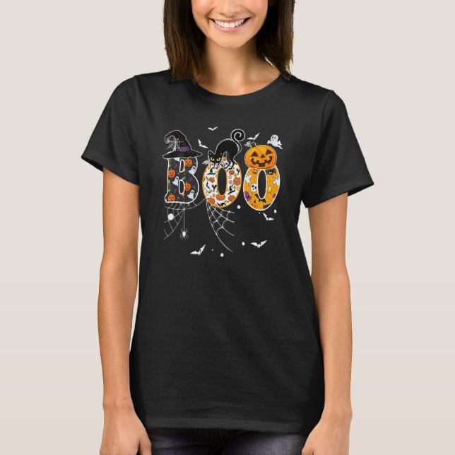 Camiseta Boo With Spiders And Witch Hat Black Cat Pumpkin H (Frente)