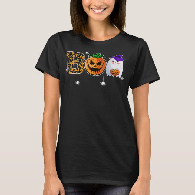 Camiseta Boo With Spiders Ghost Pumpkin And Witch Hat Hallo (Frente)