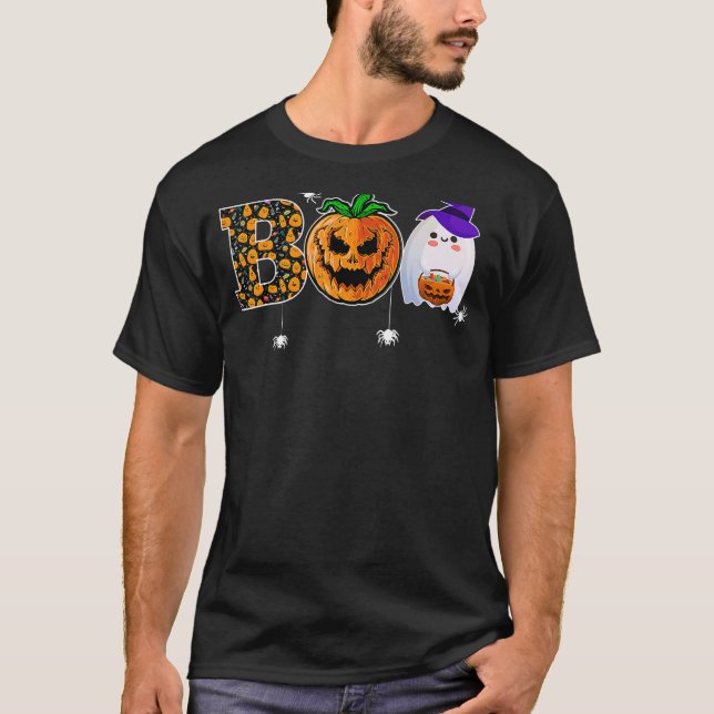 Camiseta Boo With Spiders Ghost Pumpkin And Witch Hat Hallo (Frente)