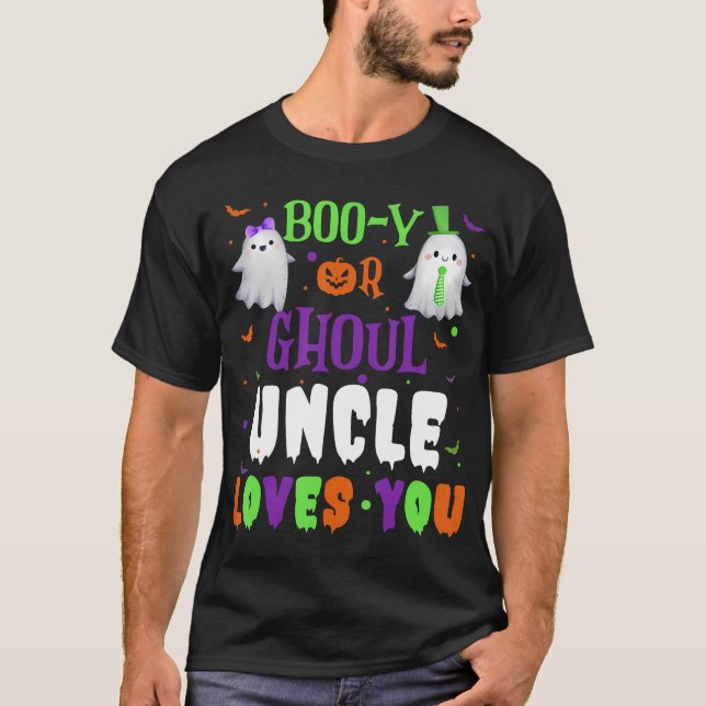 Camiseta Boo-Y Ou Tio Ghoul Te Ama No Dia das Bruxas. (Frente)