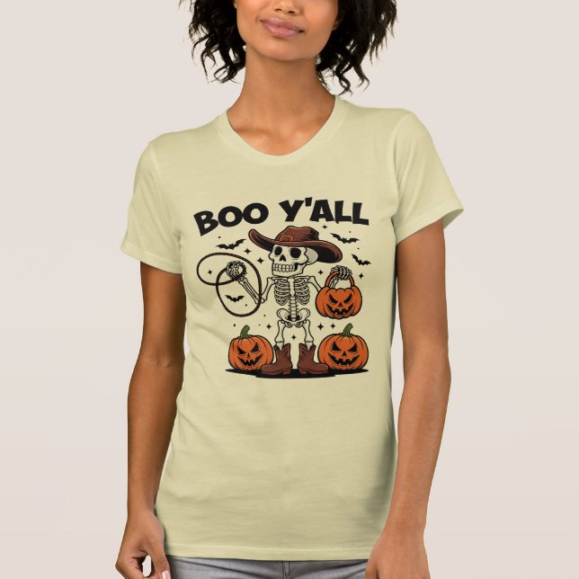 Camiseta Boo Y Skeleton Cowboy Halloween (Frente)