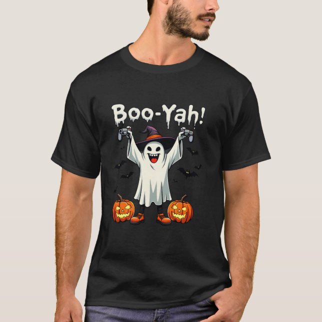 Camiseta Boo Yah Spooky Gamer Ghost com Hallowe de Controla (Frente)