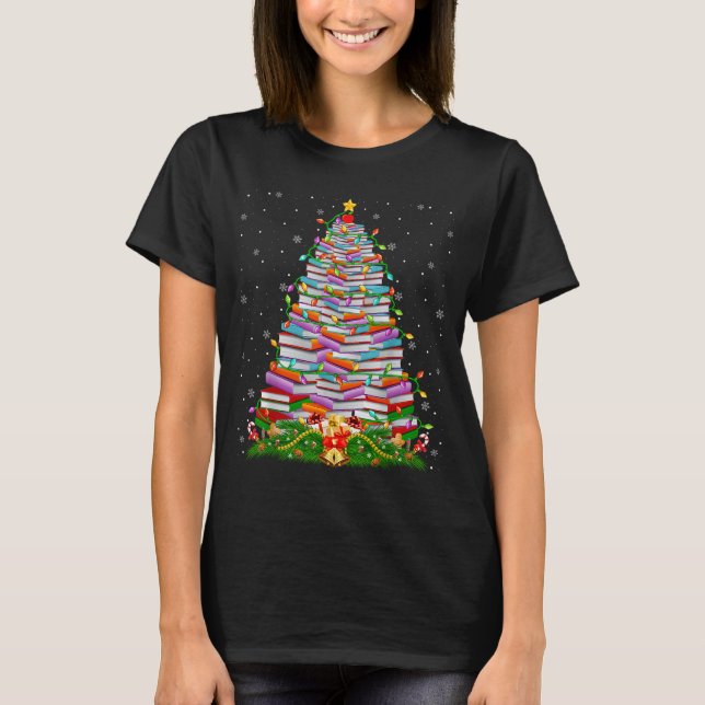 Camiseta Book Christmas Tree Lights Book Lover Teacher Libr (Frente)