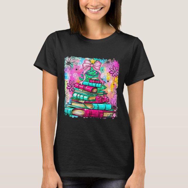 Camiseta Book Christmas Tree Lights Teacher Librarian Book  (Frente)