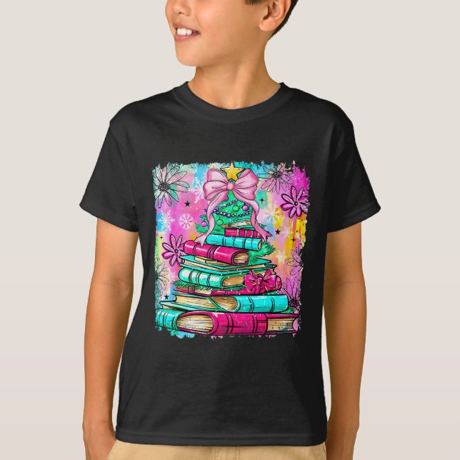 Camiseta Book Christmas Tree Lights Teacher Librarian Book  (Frente)