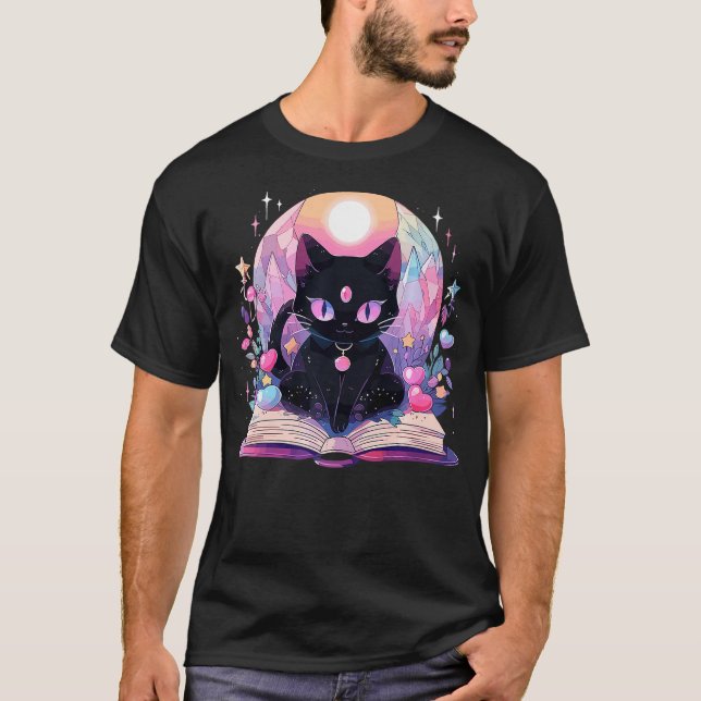 Camiseta Book Lover Crystal Witchy Cute Black Cat Kawaii Pa (Frente)