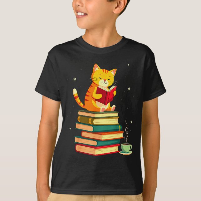 Camiseta Book Reading Cat Fall Christmas For Men Women Kids (Frente)