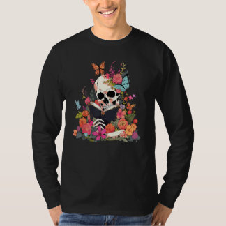 Camiseta Book Reading Skull Skeleton Flowers Floral Bookish