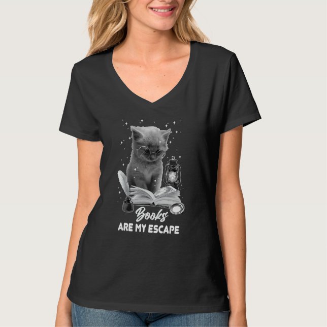 Camiseta Bookmark Books Are My Escape Cat Reading A Book Lo (Frente)