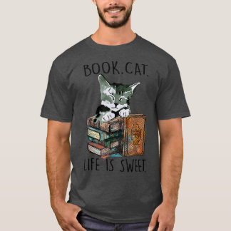 Camiseta Books Cats Life Is Sweet Cat Book Lovers Reading B