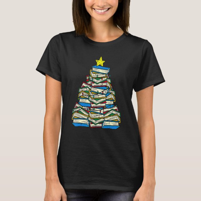 Camiseta Books Christmas Tree Reading Xmas Teacher Libraria (Frente)