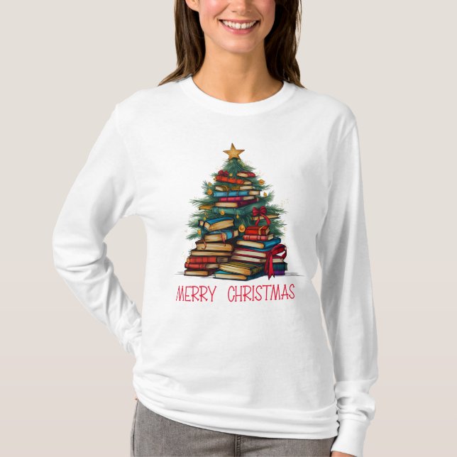 Camiseta Books Tree Feliz Natal Long Sleeve (Frente)