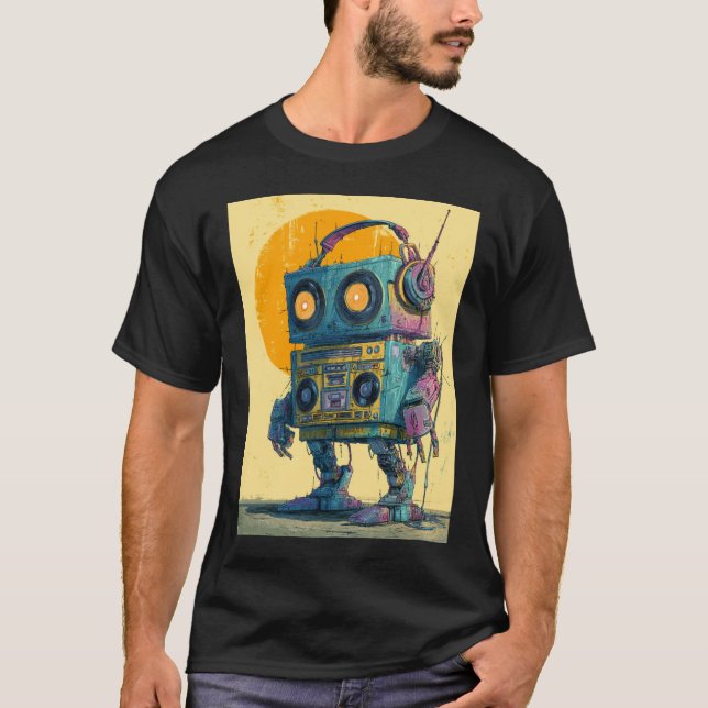 Camiseta Boombox Bot Wanderer — Grunge Retro Mech  (Frente)