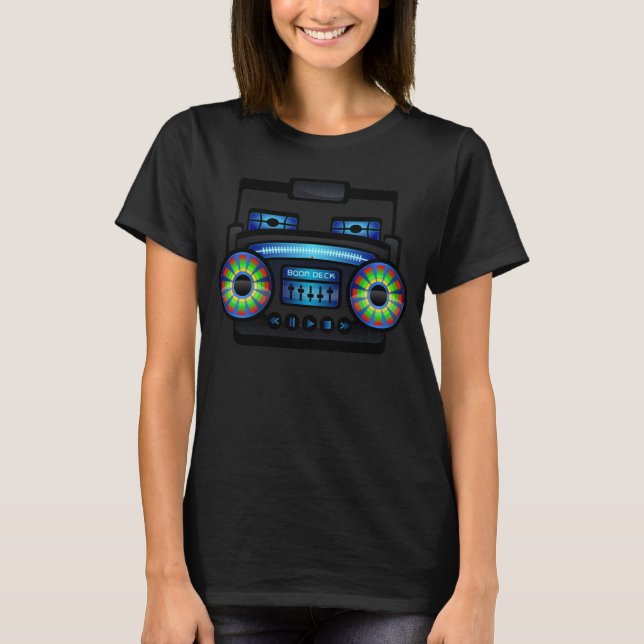 Camiseta Boombox de música retro, preto e branco, Raglan Te (Frente)