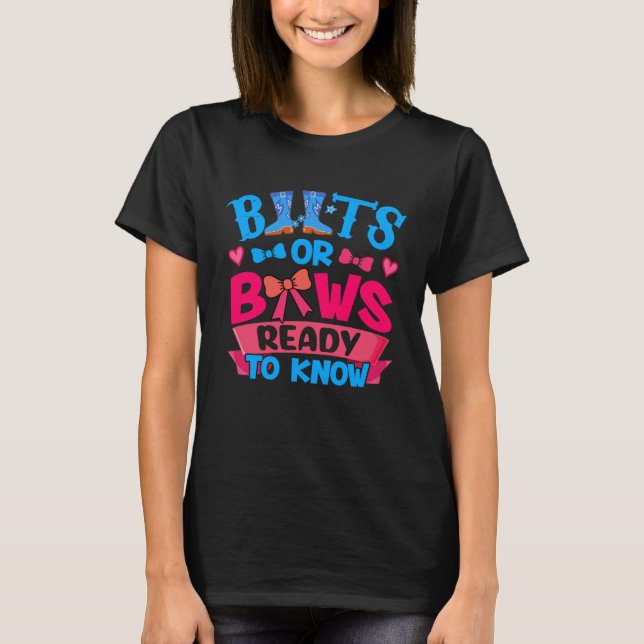 Camiseta Boots Or Bows Ready To Know Pregnancy Reveal Baby  (Frente)