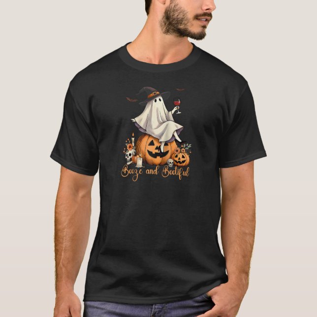 Camiseta Booze Halloween do Arco coquete do Bebendo Fantasm (Frente)