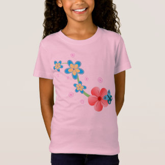 Camiseta Borboleta Abstrato em Flores Rosa e Azuis