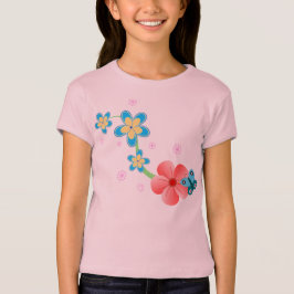 Camiseta Borboleta Abstrato em Flores Rosa e Azuis