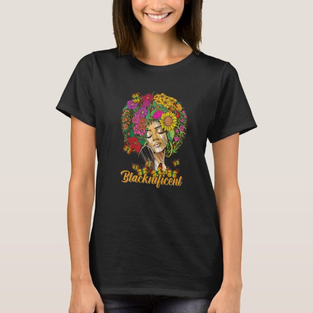 Camiseta Borboleta Afro-Cabelo Floral Negra (Frente)