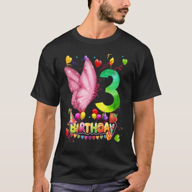 Camiseta Borboleta Aniversário de 3 Anos Crianças 3ª Borbol (Frente)
