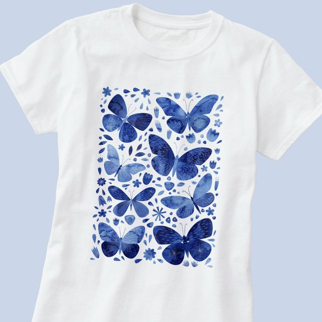 Camiseta Borboleta Aquarela Azul T-Shirt (Indigo navy blue and white watercolor butterfly art t-shirt)